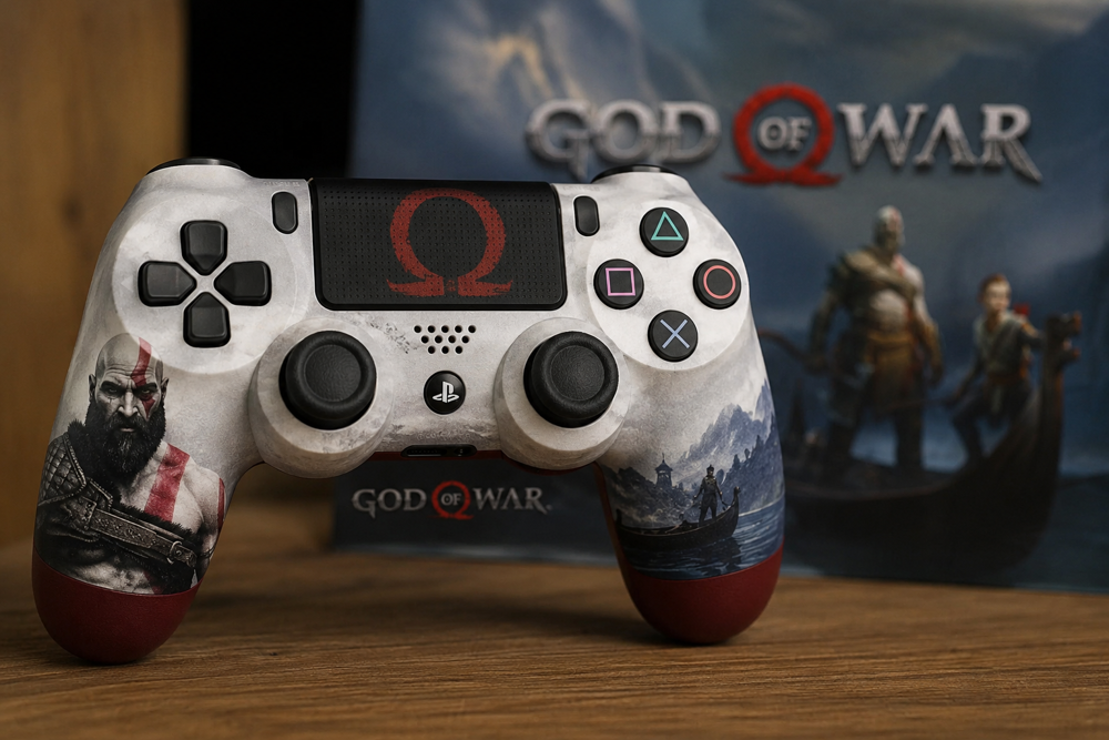 دسته بازی سونی مدل SONY PS4 Dualshock 4 HIGH COPY طرح GOD OF WAR با طراحی اختصاصی کریتوس، قرار گرفته روی میز گیمینگ با پس‌زمینه الهام‌گرفته از بازی God of War، مناسب کنسول PlayStation 4